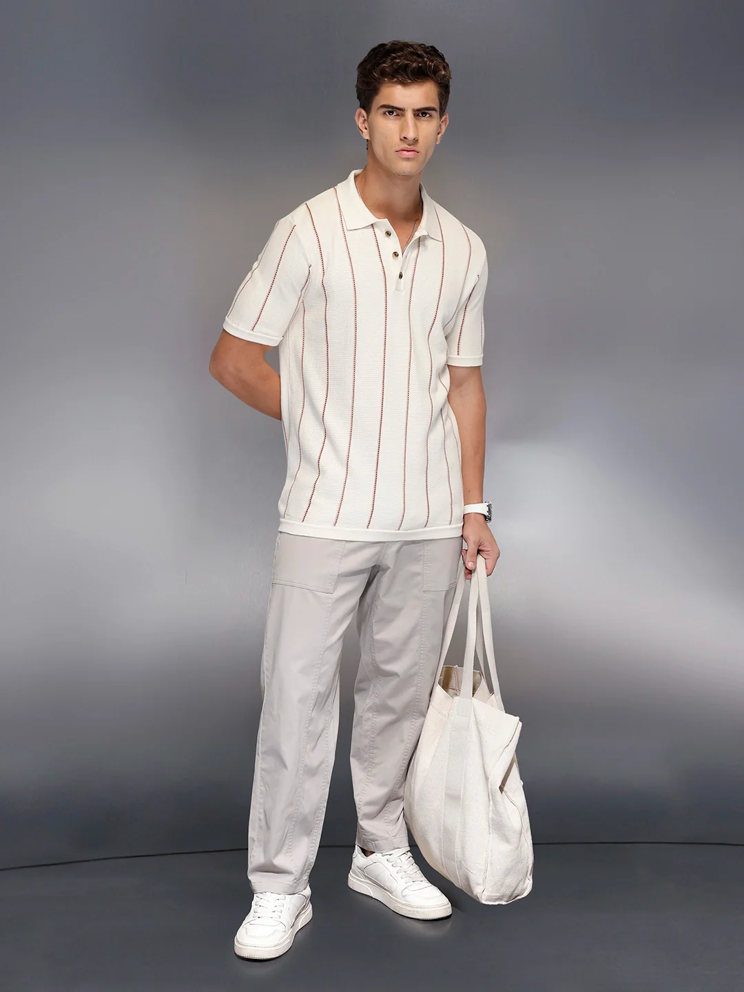 Men’s waffle texture slim fit polo | Off White - Image 2