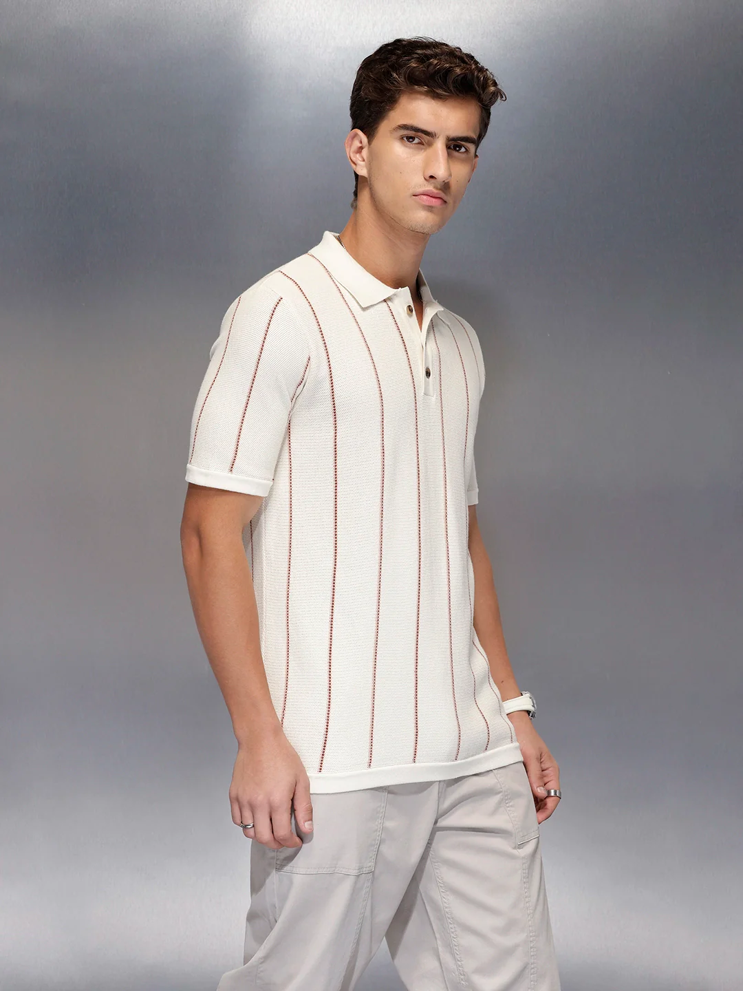 Men’s waffle texture slim fit polo | Off White - Image 4