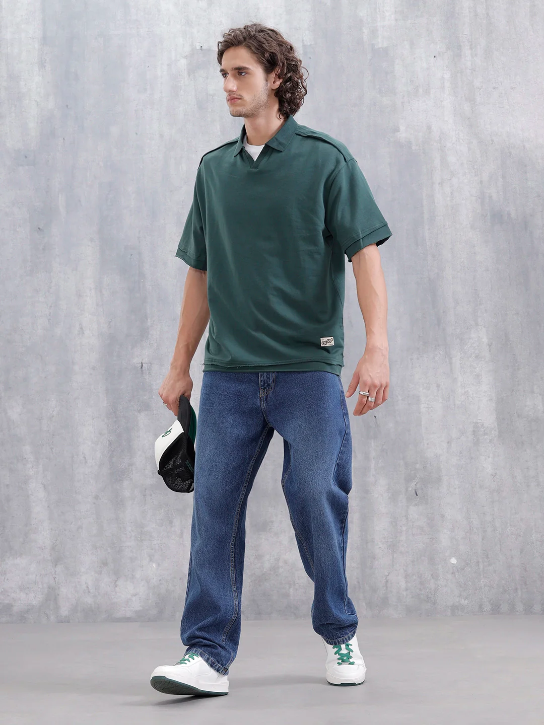 Men Oversized Fit Casual Johnny Collar T-shirt | Dark Green - Image 2
