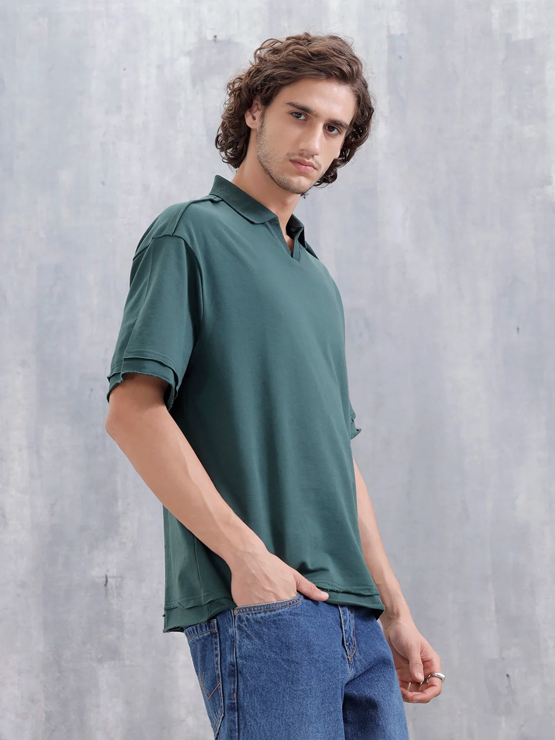 Men Oversized Fit Casual Johnny Collar T-shirt | Dark Green - Image 4