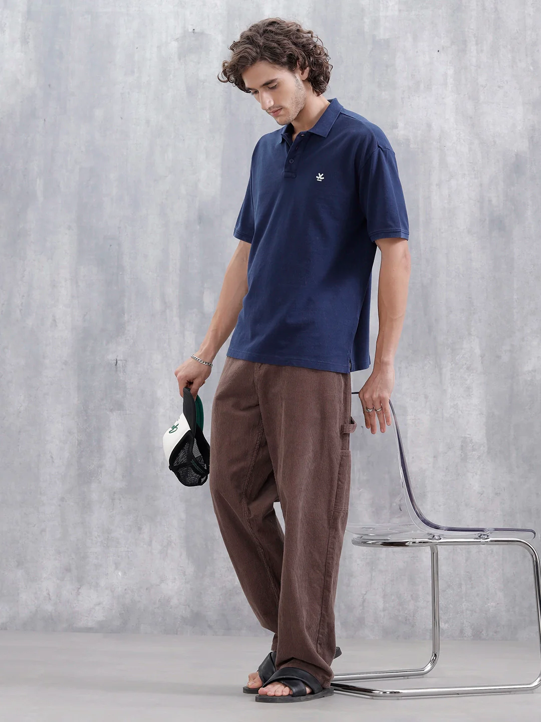 Men Solid Oversized Fit Casual Polo Collar T-shirt | Blue - Image 2