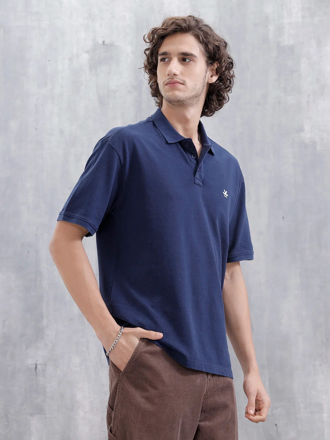 Men Solid Oversized Fit Casual Polo Collar T-shirt | Blue - Image 4