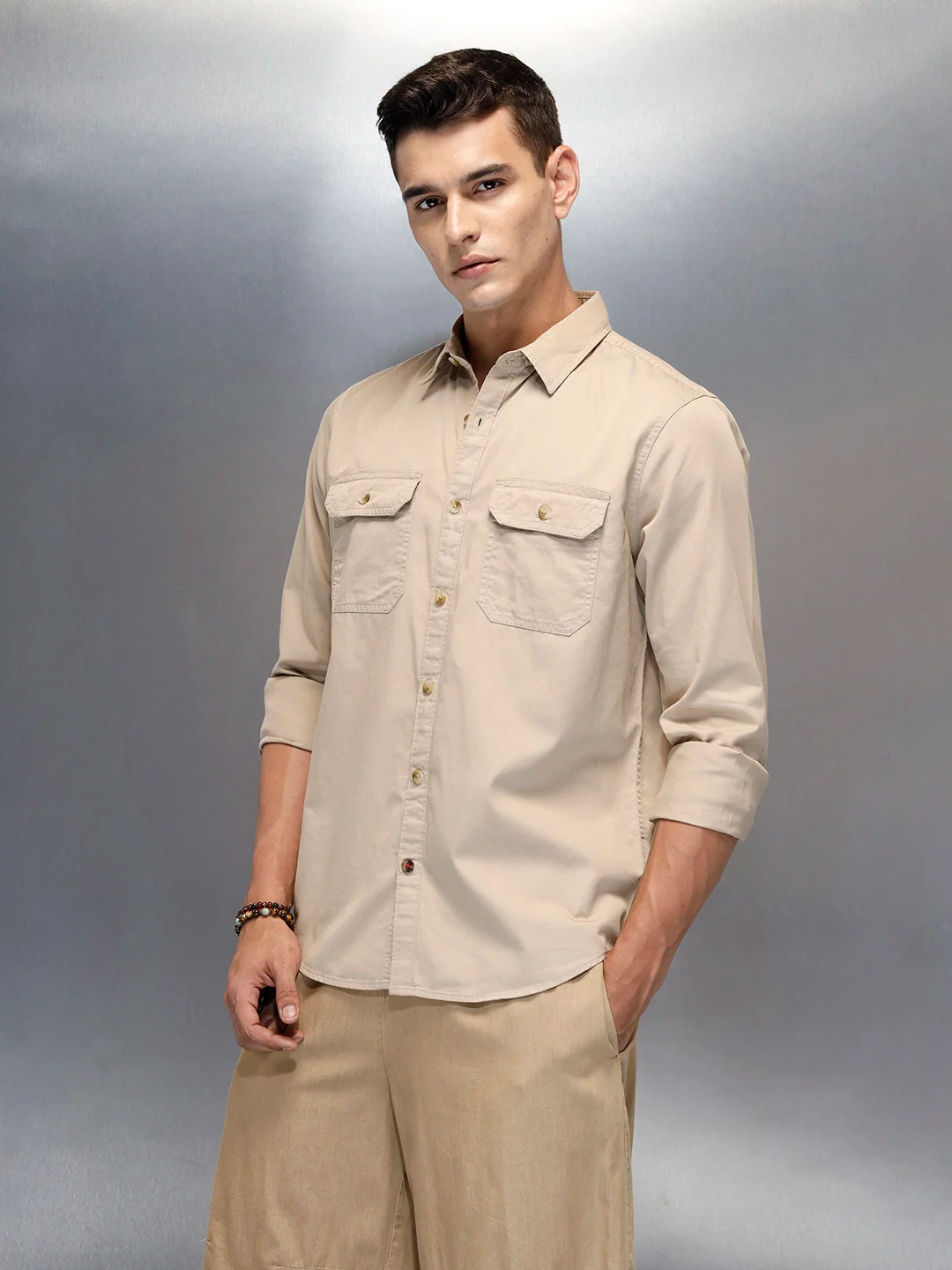 Men's Casual Cargo Double Pocket Shirt | Beige - Image 4
