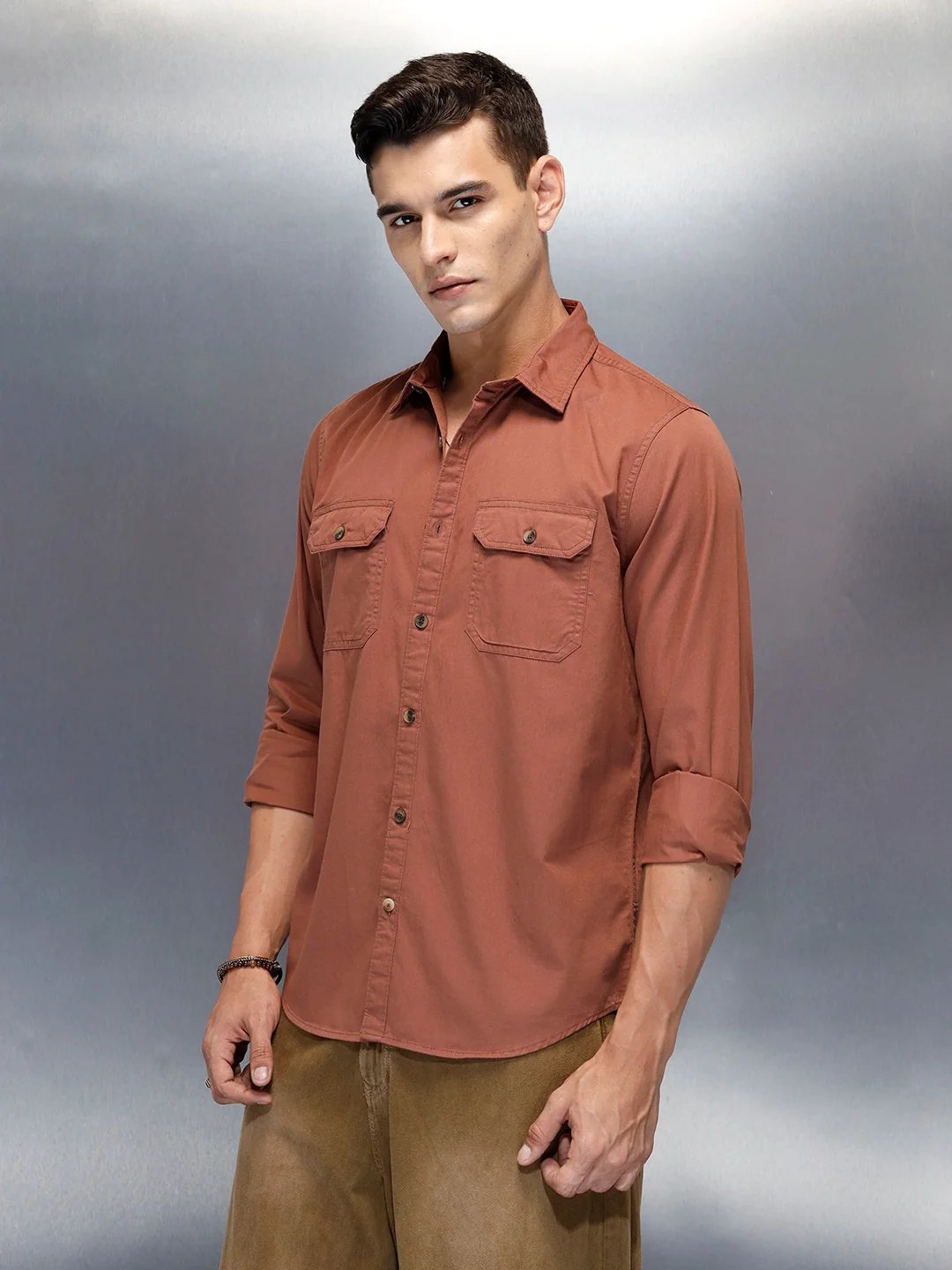Men's Casual Cargo Double Pocket Shirt | Brown - Image 4
