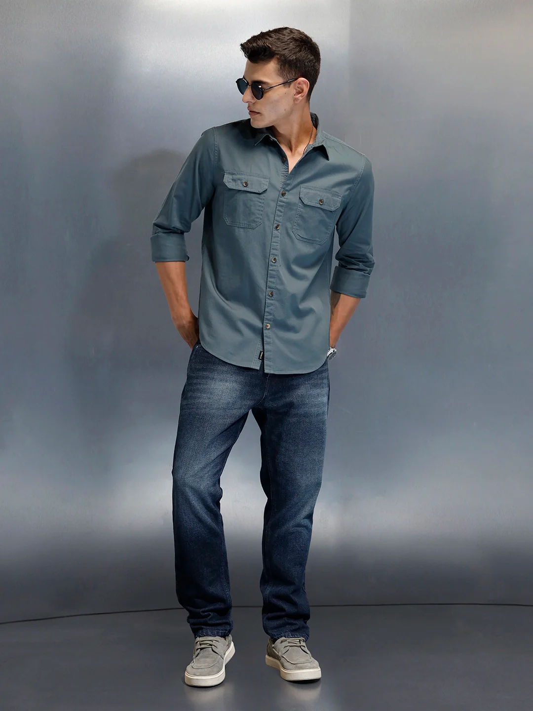 Men's Casual Cargo Double Pocket Shirt | Teal - Image 2