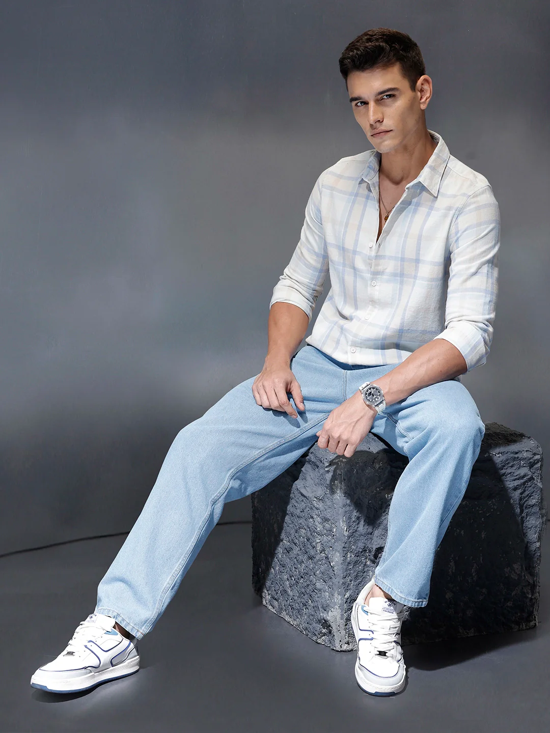 Men's casual check design slimfit shirt | Light Blue - Image 2