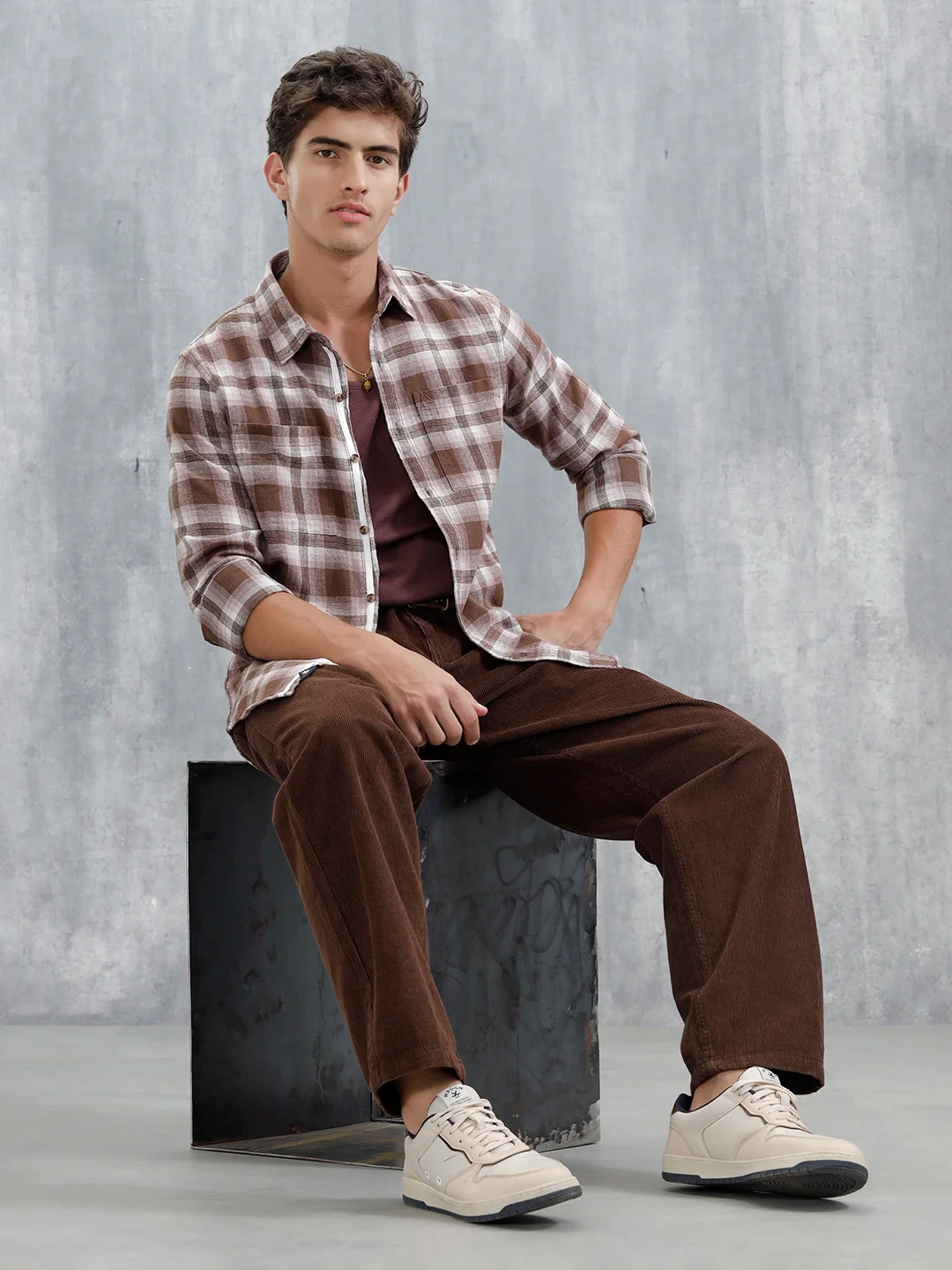 Men's Casual Checkered Pattern Double Pocket Shirt | Brown - Image 2
