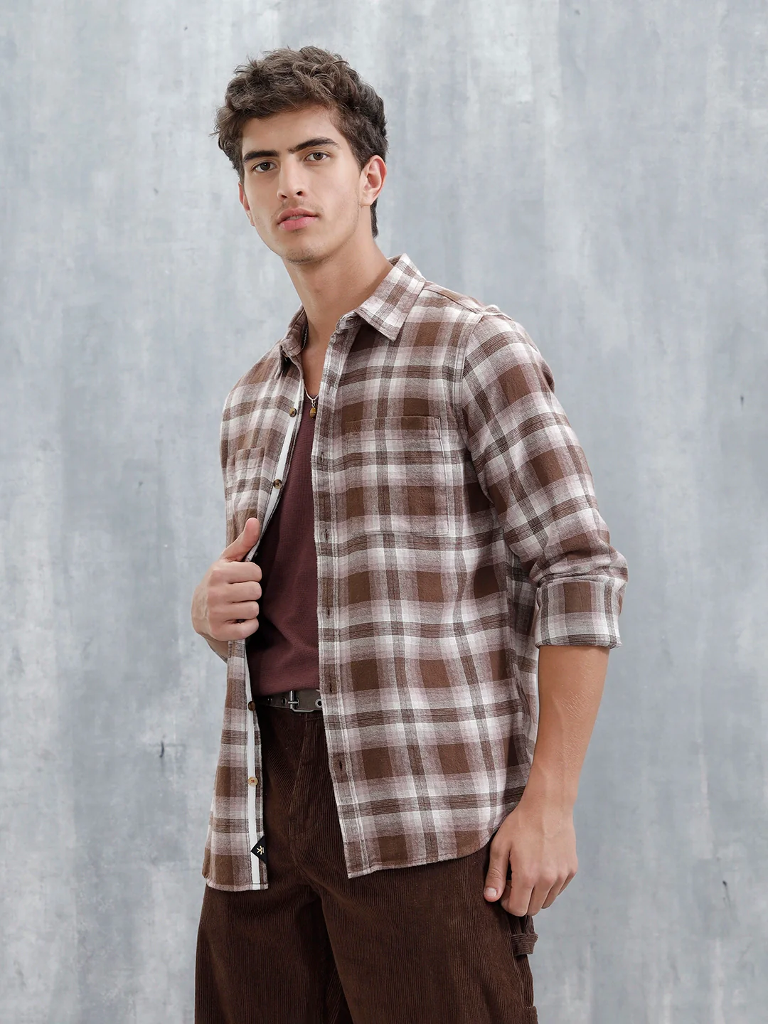 Men's Casual Checkered Pattern Double Pocket Shirt | Brown - Image 4