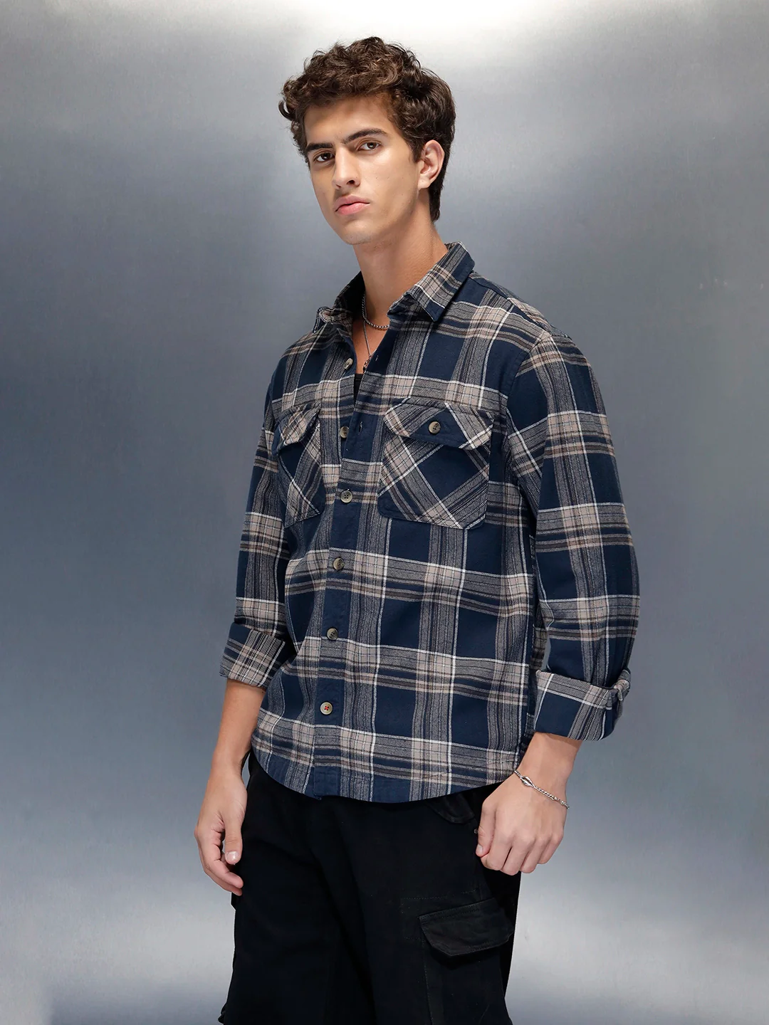 Men's casual checkered pattern regualr fit shacket  | Navy Blue - Image 4
