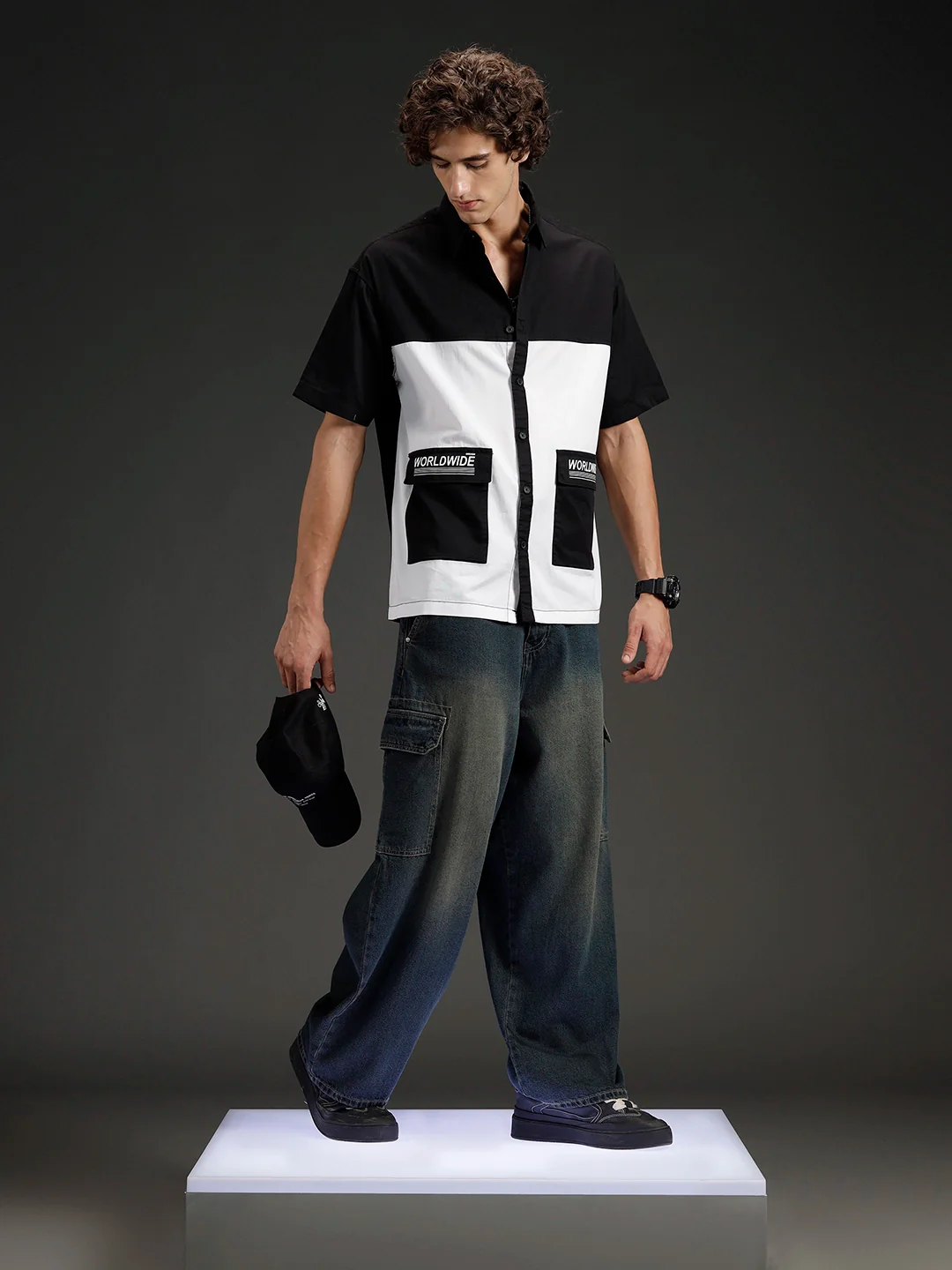 Men's casual colourblock oversized fit shirt | WHITE AND BLACK - Image 2
