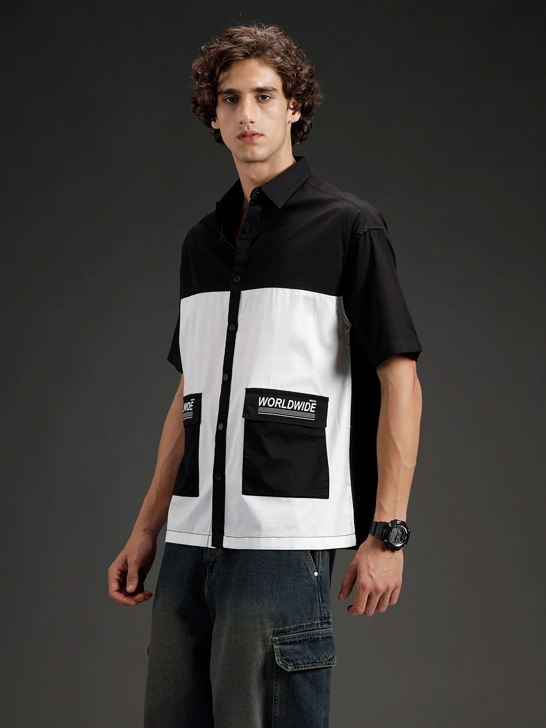 Men's casual colourblock oversized fit shirt | WHITE AND BLACK - Image 4