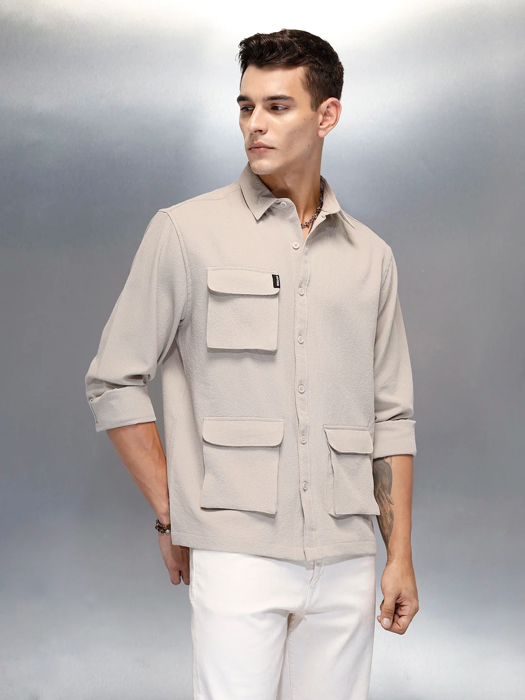 Men's Casual Comfort Fit Utility Pockets Shirt | Beige - Image 4
