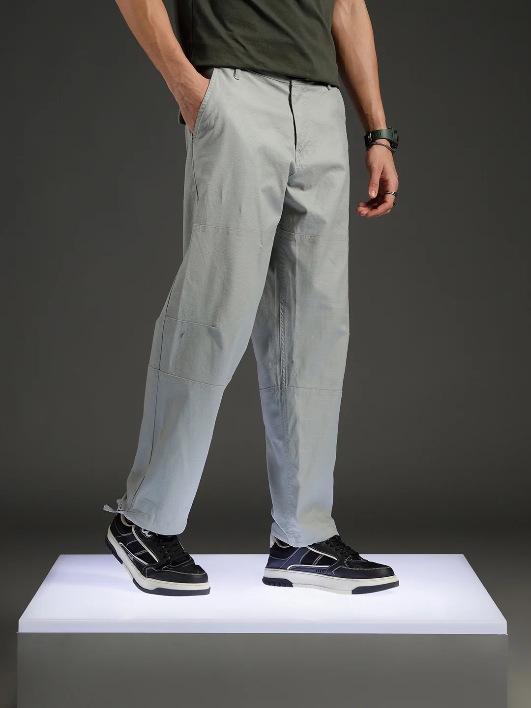 Men's casual cut&sew loose fit trousers | Grey - Image 4