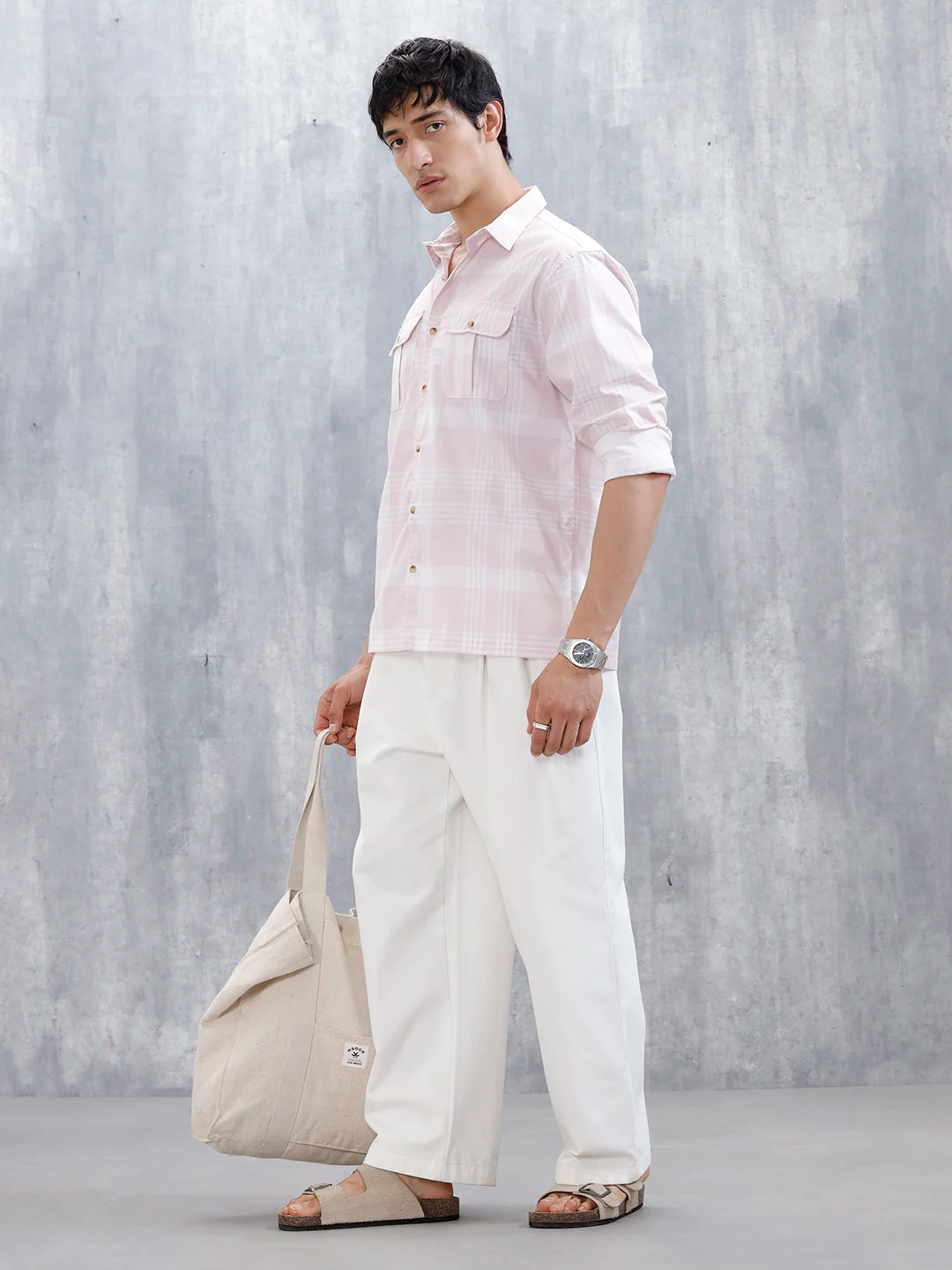 Men's Casual Double Pocket Checkered Shirt  | Pink - Image 2