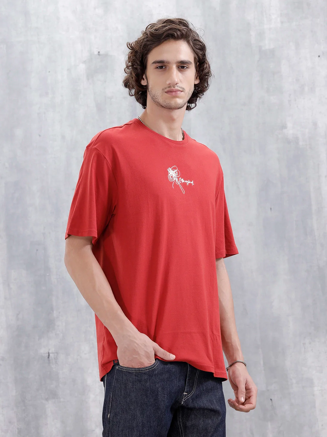 Men's Casual Emboridered Oversized Fit T-Shirt | Red - Image 4