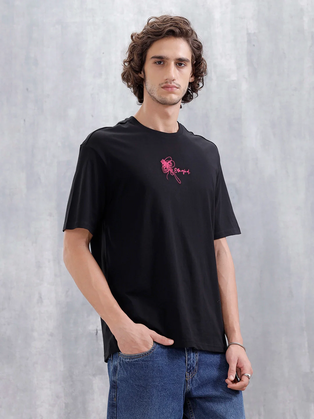Men's Casual Embroidered Oversized Fit T-Shirt | Black - Image 4