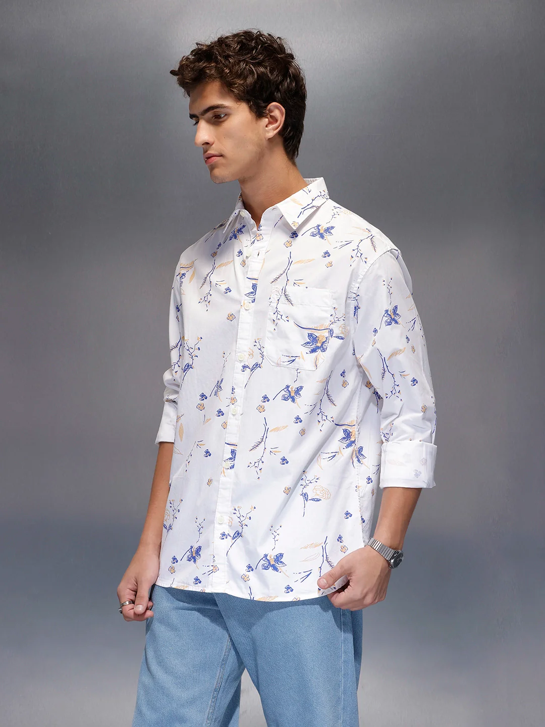 Men's Casual Floral Print Shirt  |  White - Image 4