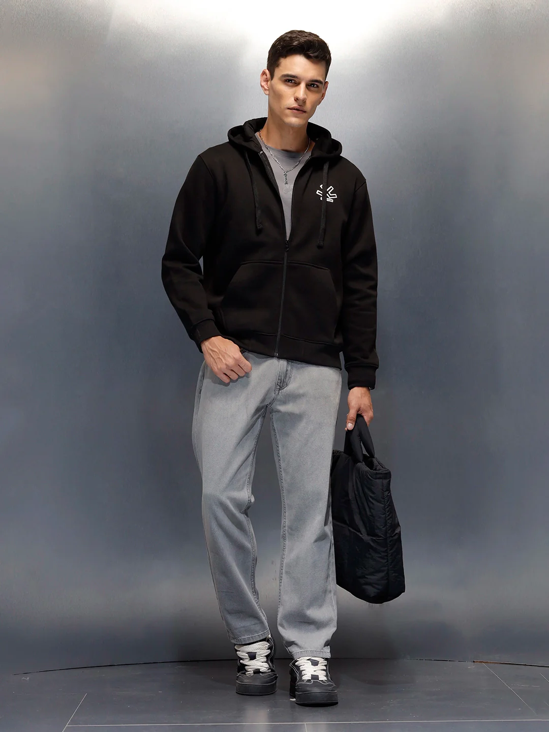 men's casual front zip up hooded sweatshirt | Black - Image 4