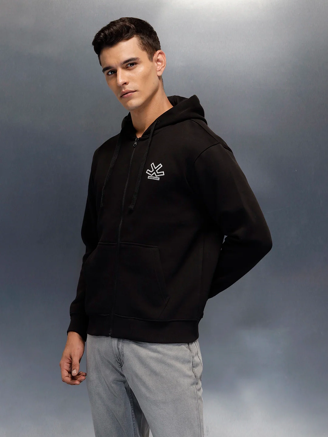 men's casual front zip up hooded sweatshirt | Black - Image 6