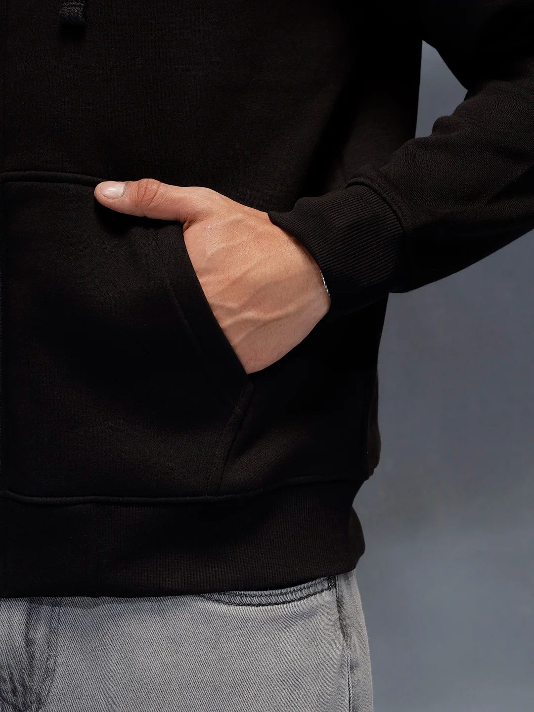 men's casual front zip up hooded sweatshirt | Black - Image 8