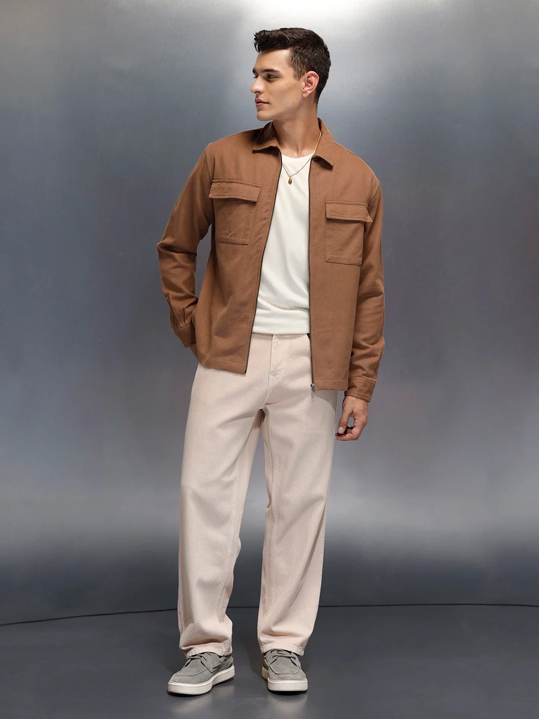 Men's casual front zipper double pocket shacket | Brown - Image 4