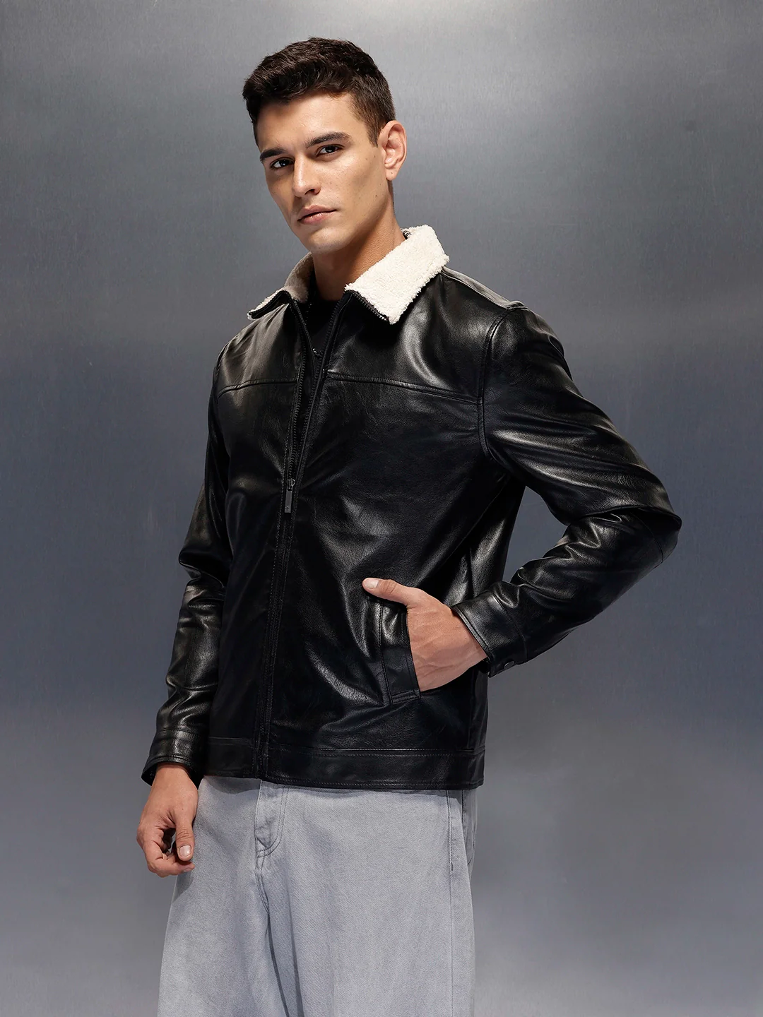 Men's casual jacket with contrast fur collar | Black - Image 4