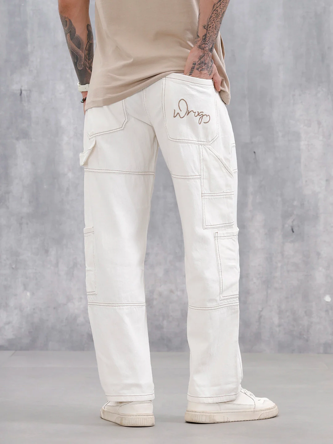 Men's Casual Loose Fit Carpenter Jeans | White - Image 3