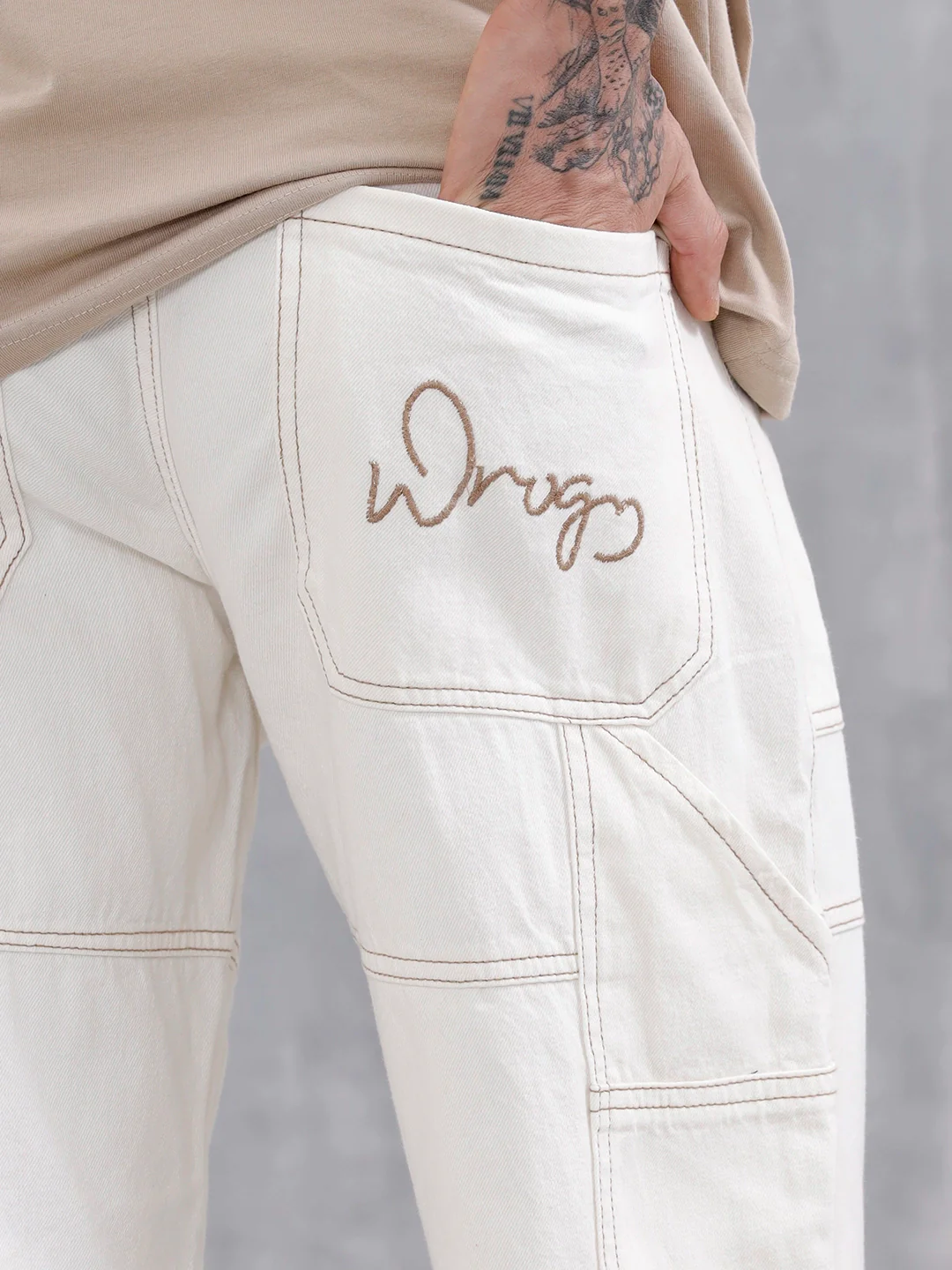 Men's Casual Loose Fit Carpenter Jeans | White - Image 5
