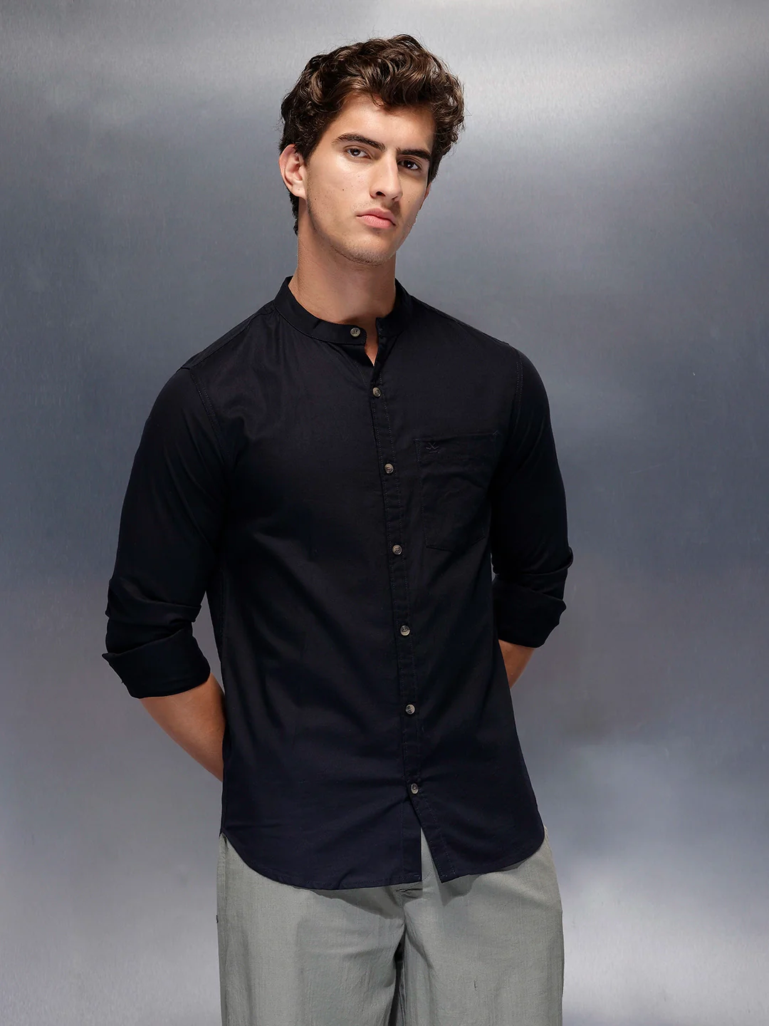 Men's Casual Mandrin Collar Shirt   |  Navy Blue - Image 4
