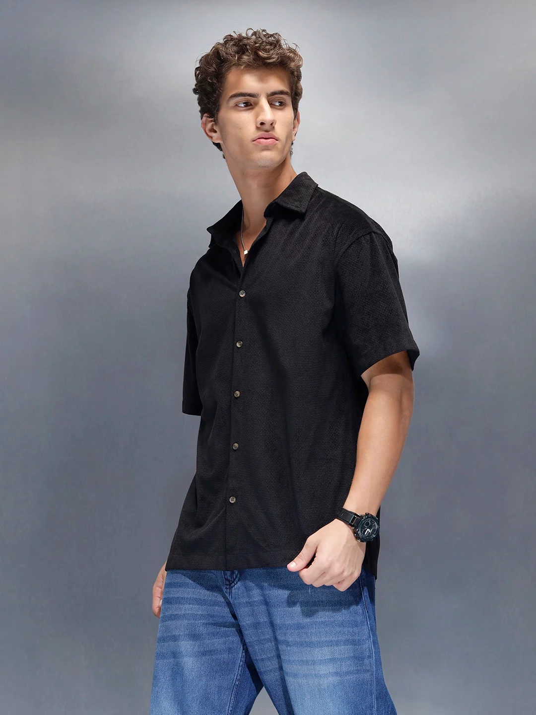 Men's casual oversize half sleeve shirt  | Black - Image 4