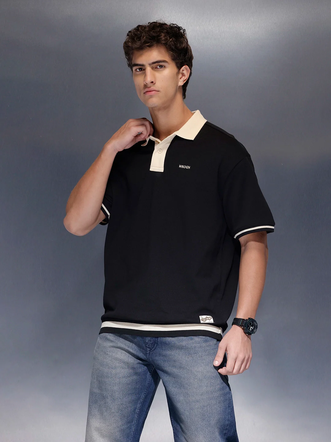 Men's Casual Oversized Contrast Detail Polo T-shirt  |  Black - Image 4
