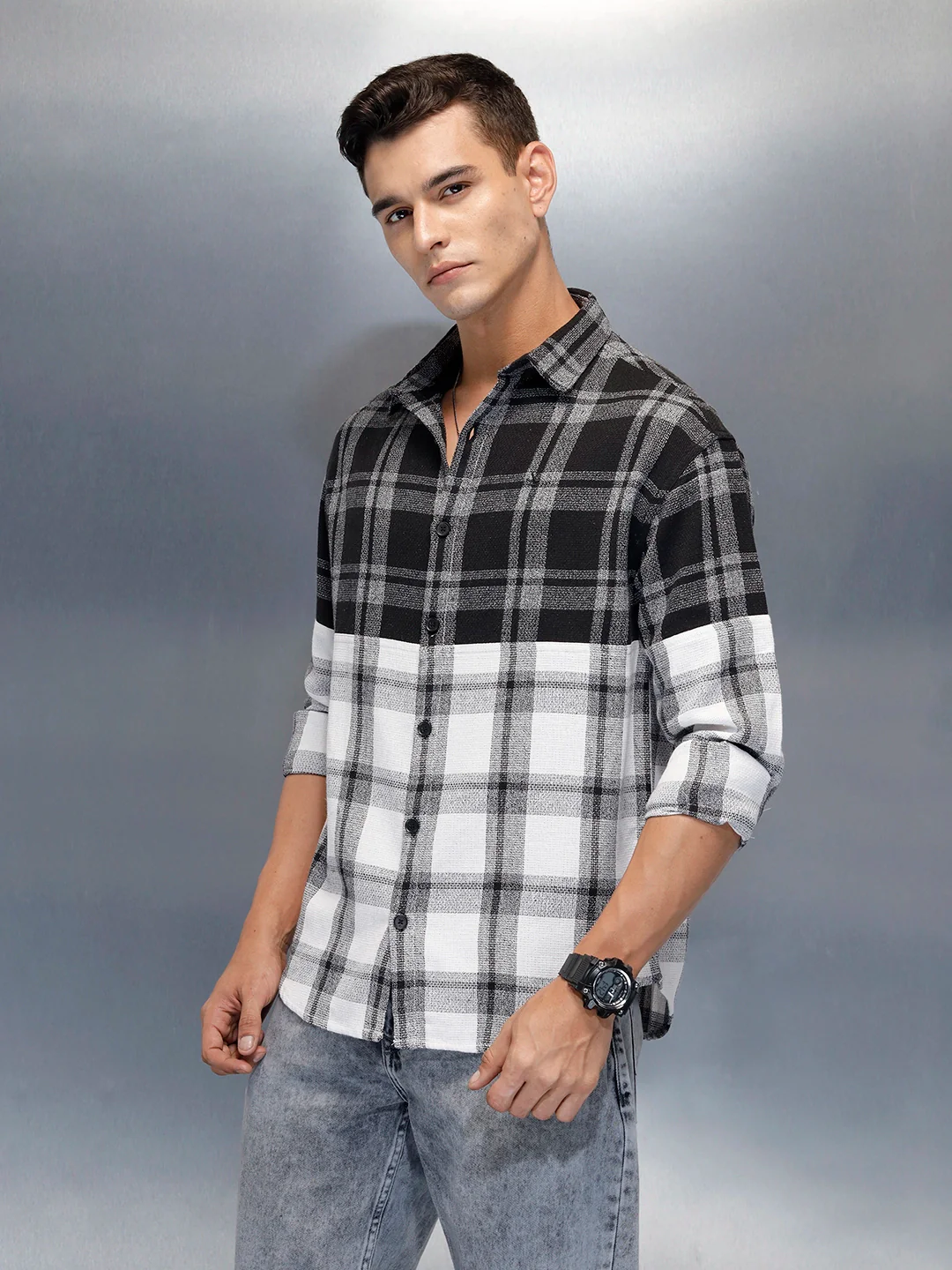 Men's Casual Oversized Fit Checkered Pattern Shirt | Black - Image 4