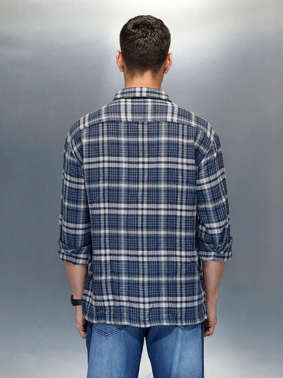 Men's Casual Oversized Fit Checkered Pattern Shirt | Blue - Image 3