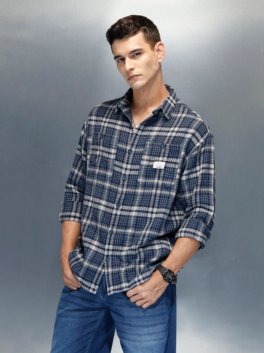 Men's Casual Oversized Fit Checkered Pattern Shirt | Blue - Image 4