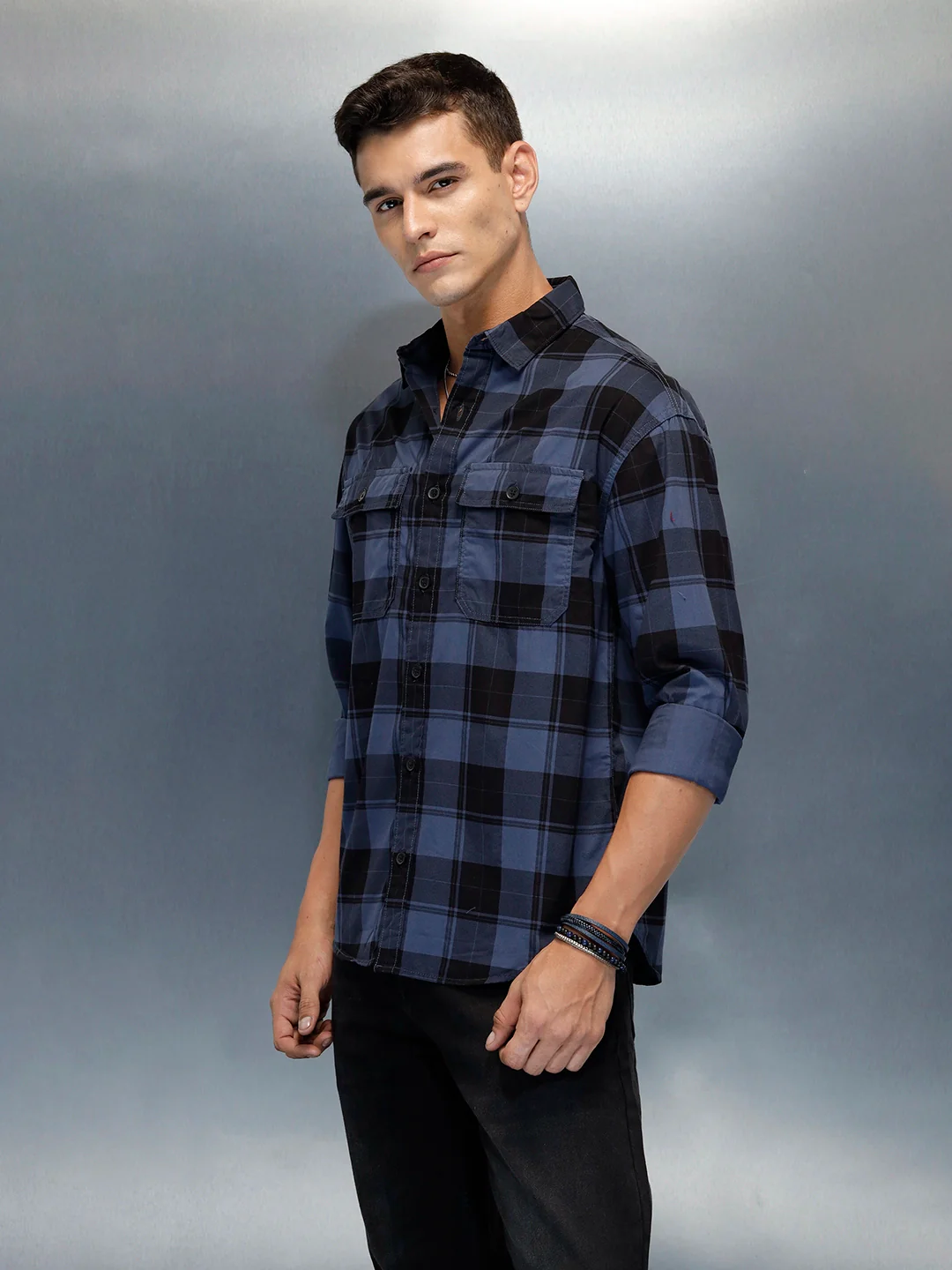 Men's Casual Oversized Fit Checkered Pattern Shirt | Blue - Image 4
