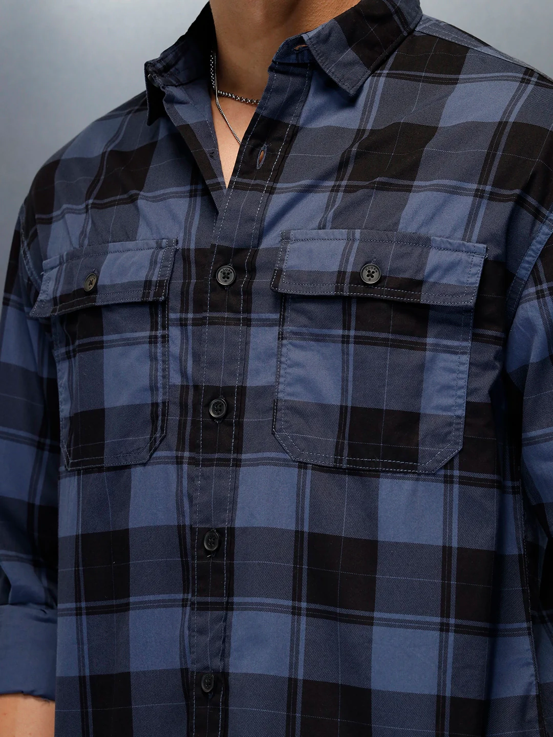 Men's Casual Oversized Fit Checkered Pattern Shirt | Blue - Image 5