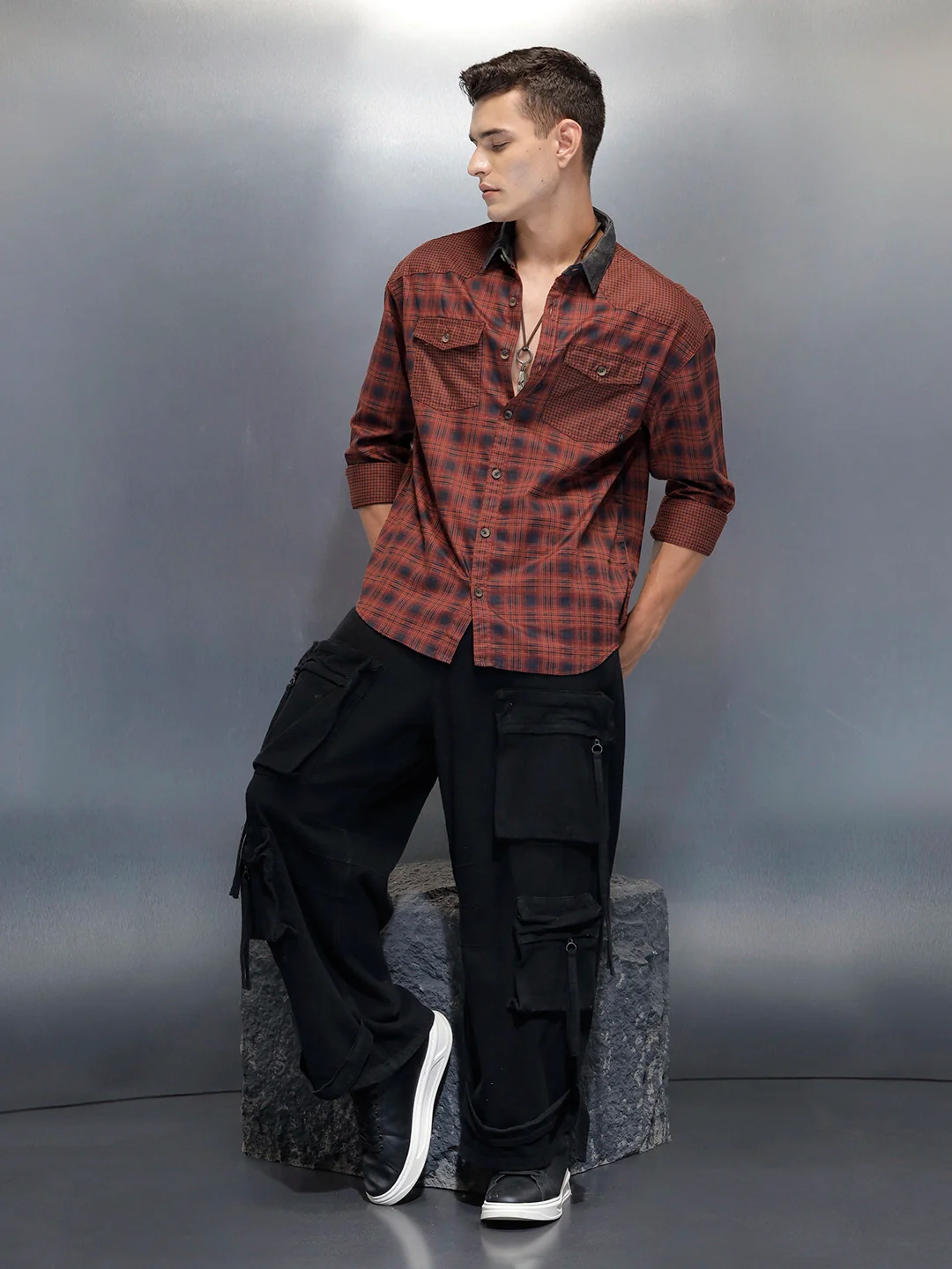 Men's Casual Oversized Fit Checkered Pattern Shirt | Brown - Image 2