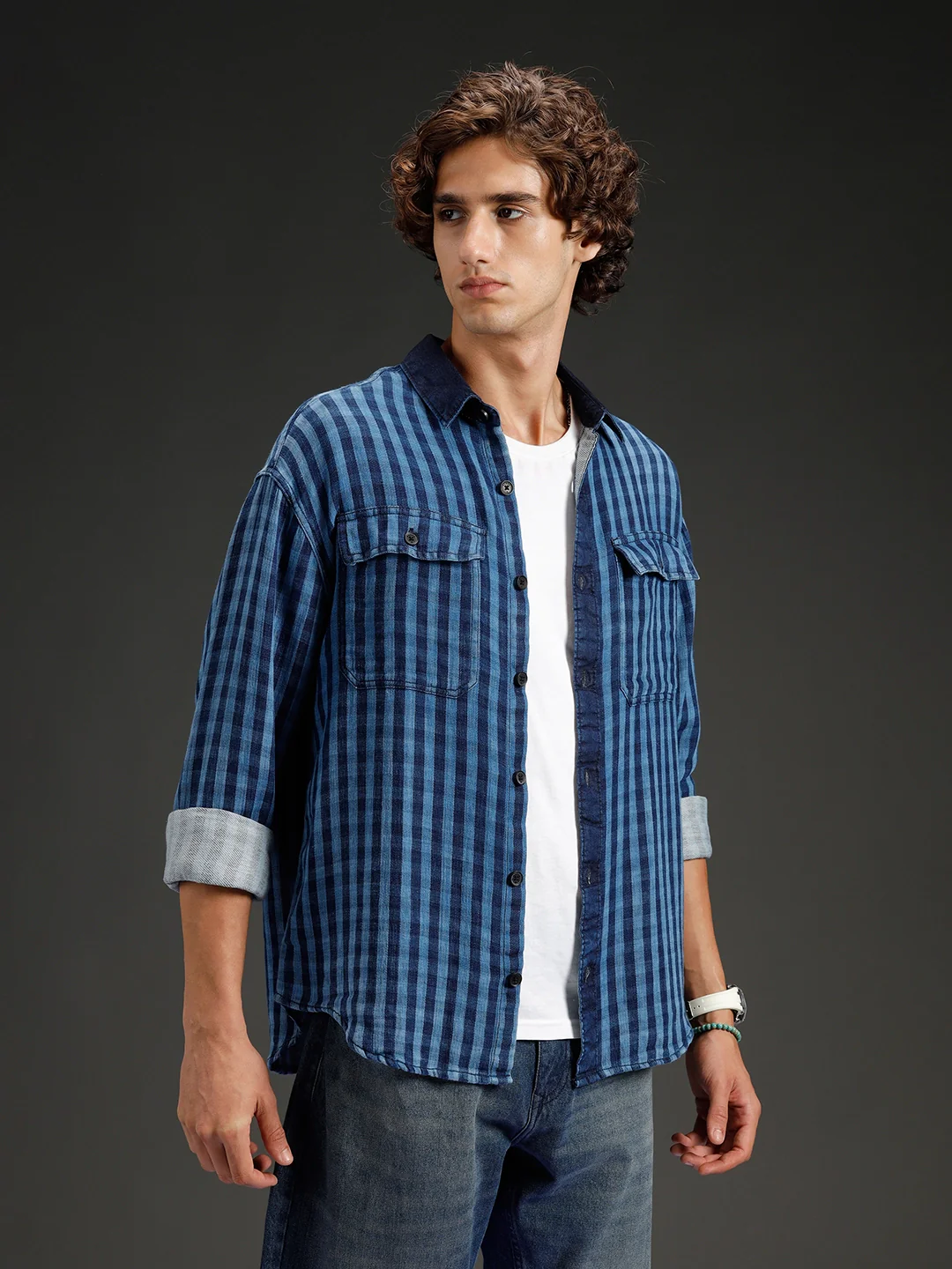 Men's casual oversized fit checkered pattern shirt | Navy Blue - Image 4