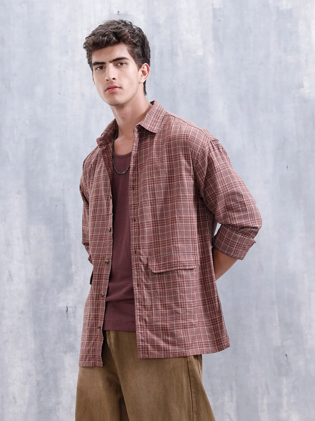 Men's Casual Oversized Fit Double Pocket Shirt | Brown - Image 4