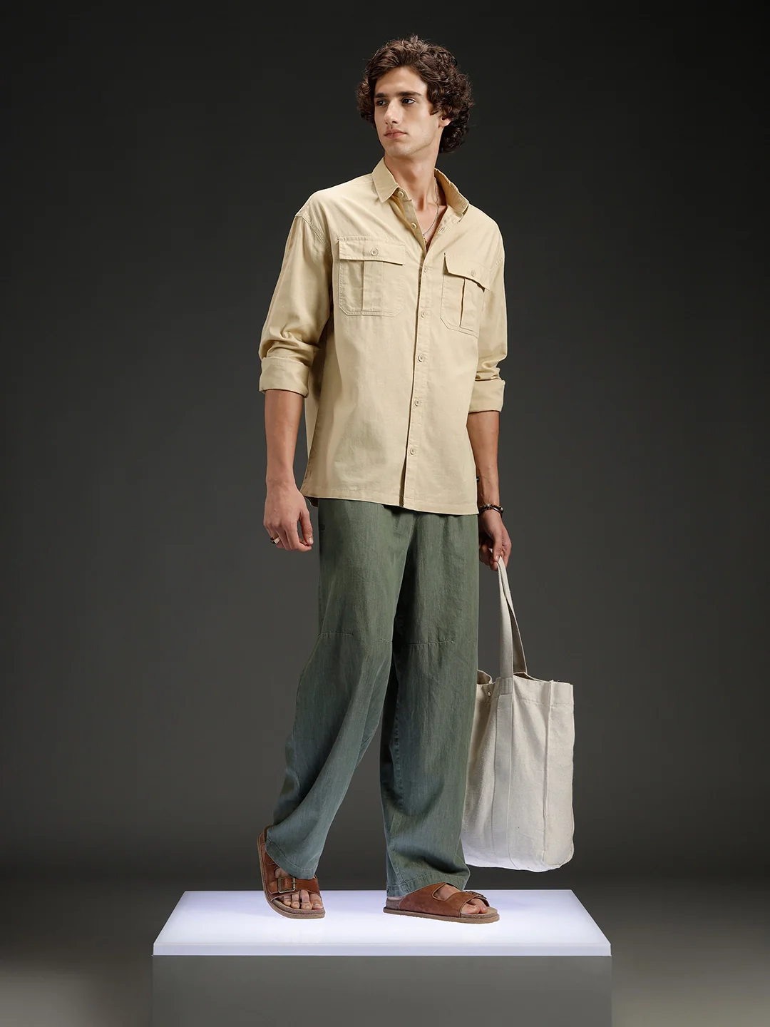 Men's casual oversized fit double pocket shirt  | Khaki - Image 2