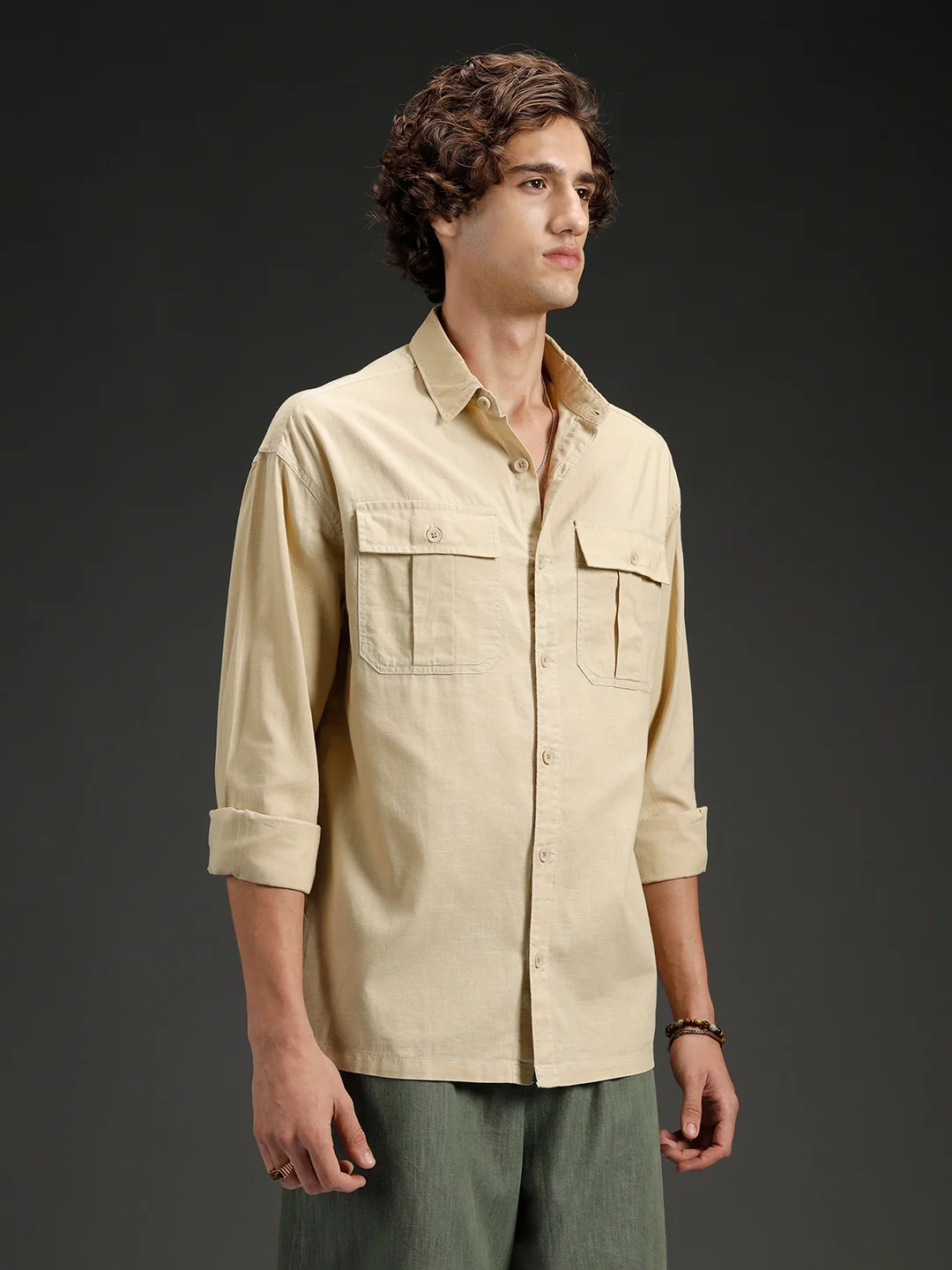 Men's casual oversized fit double pocket shirt  | Khaki - Image 4