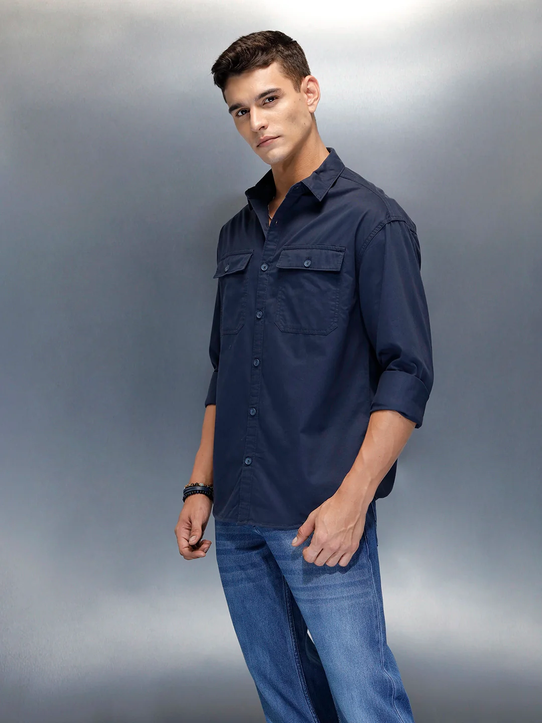 Men's Casual Oversized Fit Double Pocket Shirt | Navy Blue - Image 4