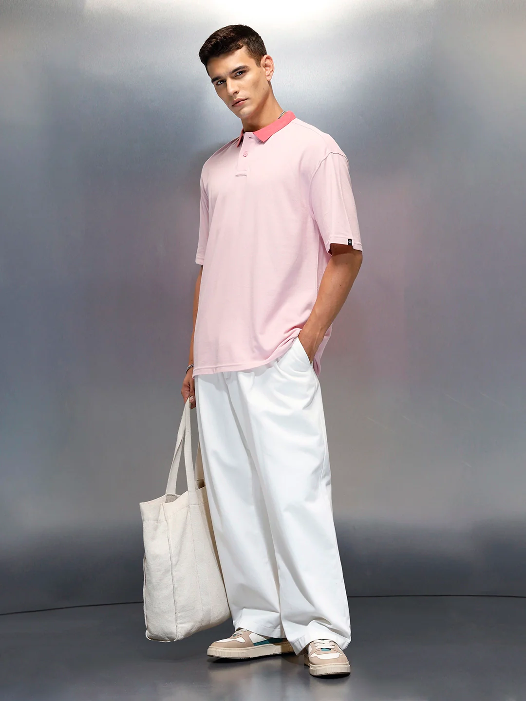Men's Casual Oversized Fit Polo Collar T-Shirt | Pink - Image 2