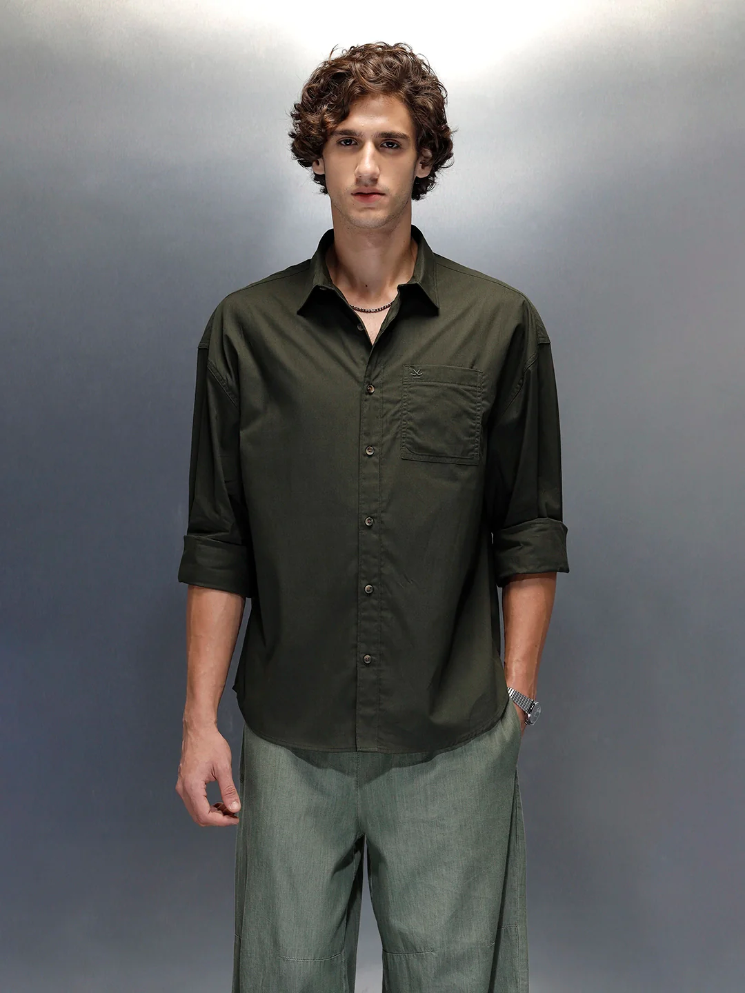 Men's casual oversized fit shirt | Olive - Image 4