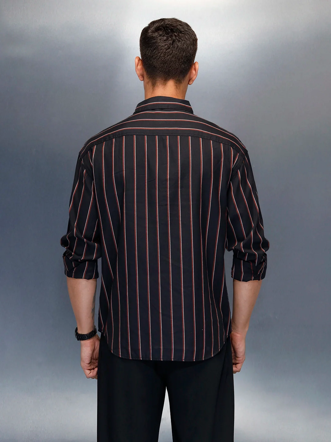 Men's Casual Oversized Fit Striped Pattern Shirt | Black - Image 3