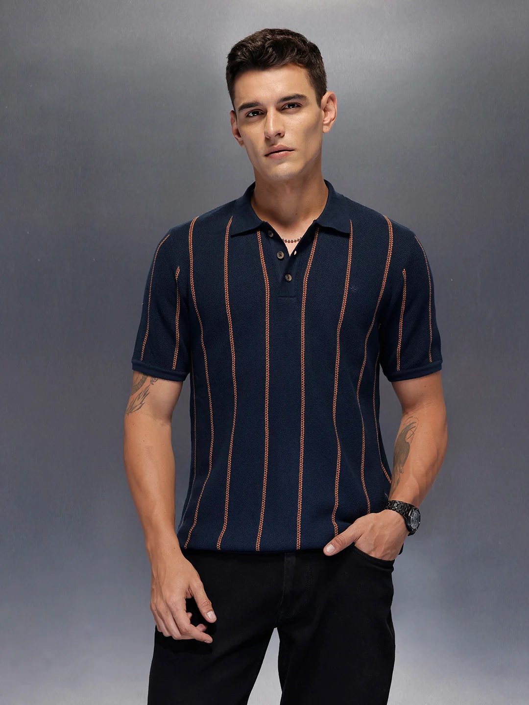 Men's casual polo t-shirt with constrast stripes | Navy Blue - Image 5