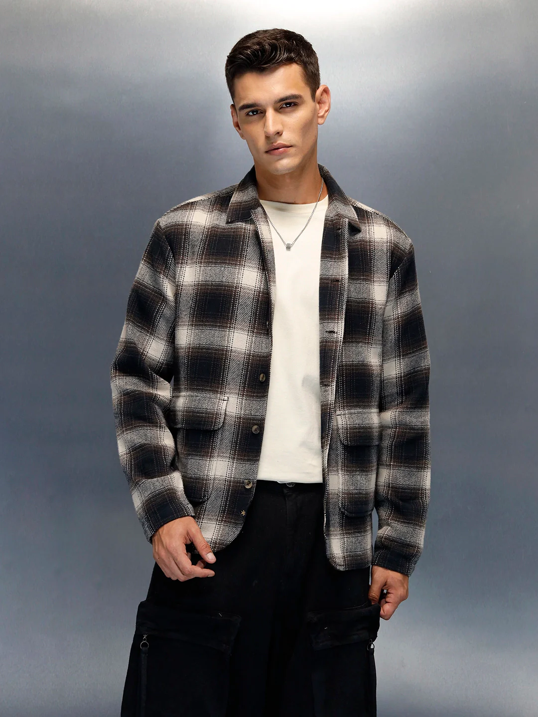 Men's Casual Regualr Fit Checkered Pattern Shacket | Black - Image 3