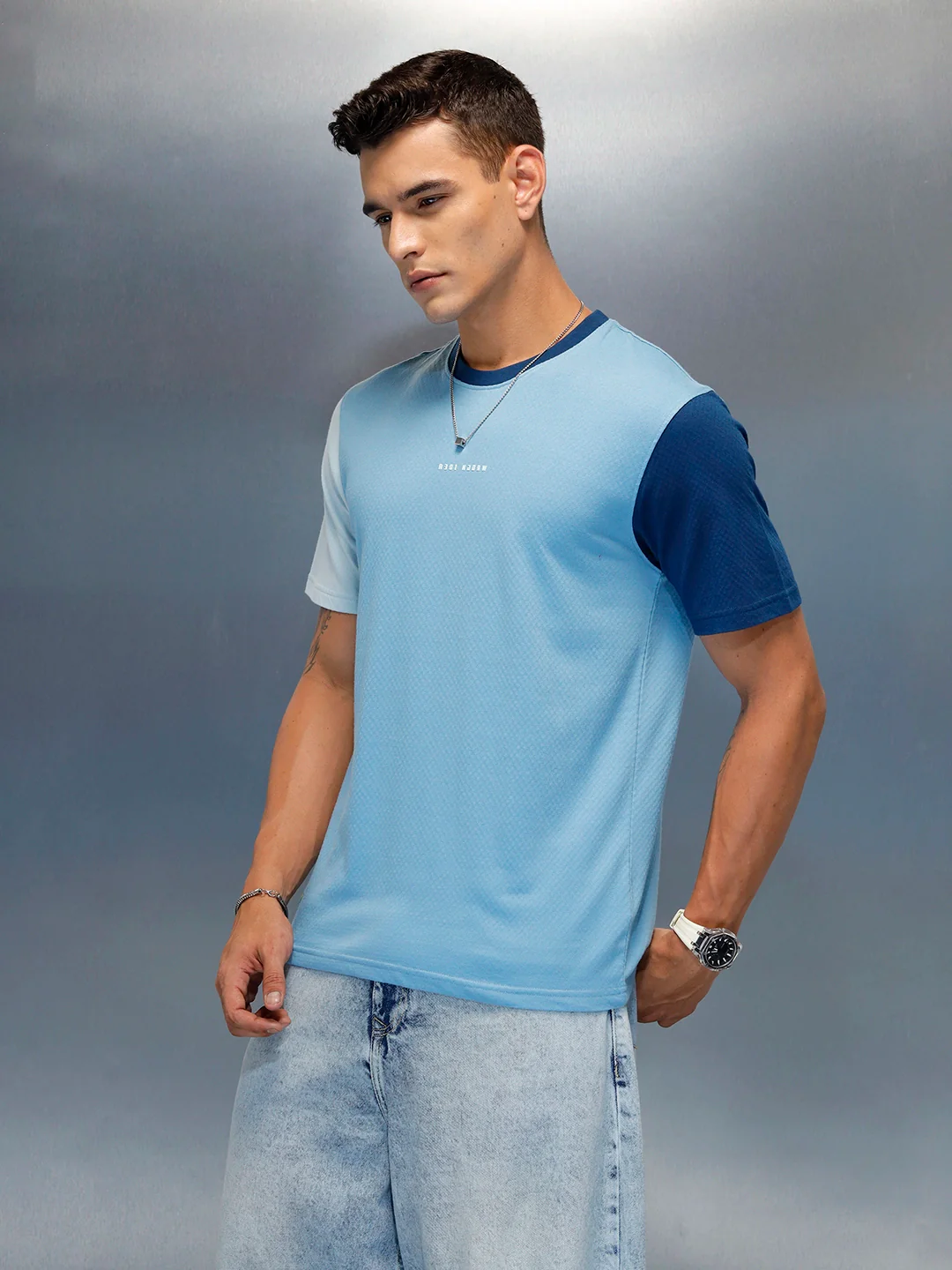 Men's Casual Regular Fit Colorblock T-Shirt | Light Blue - Image 4