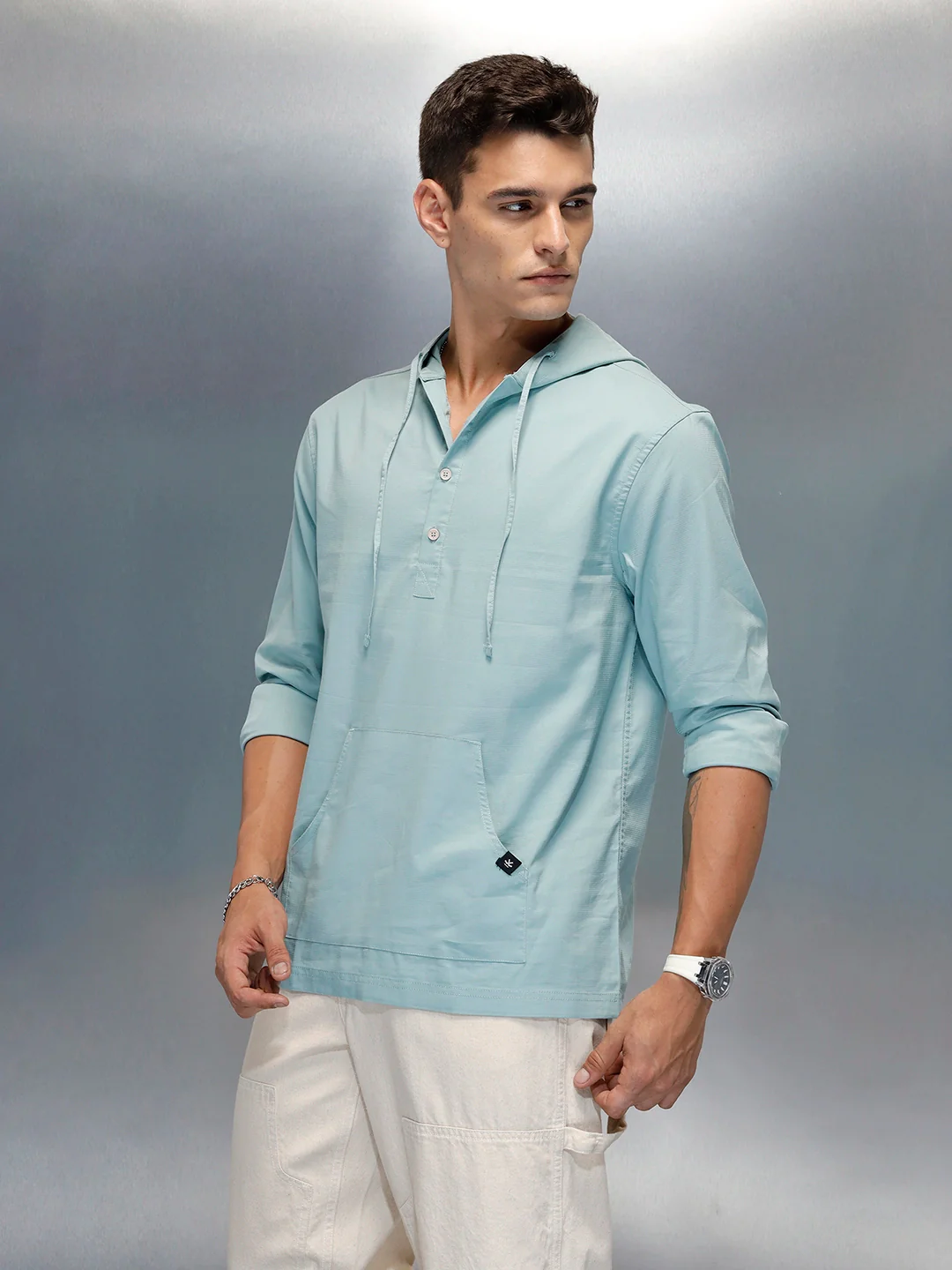 Men's Casual Regualr Fit Hooded Shirt With Patch Pocket | Green - Image 4