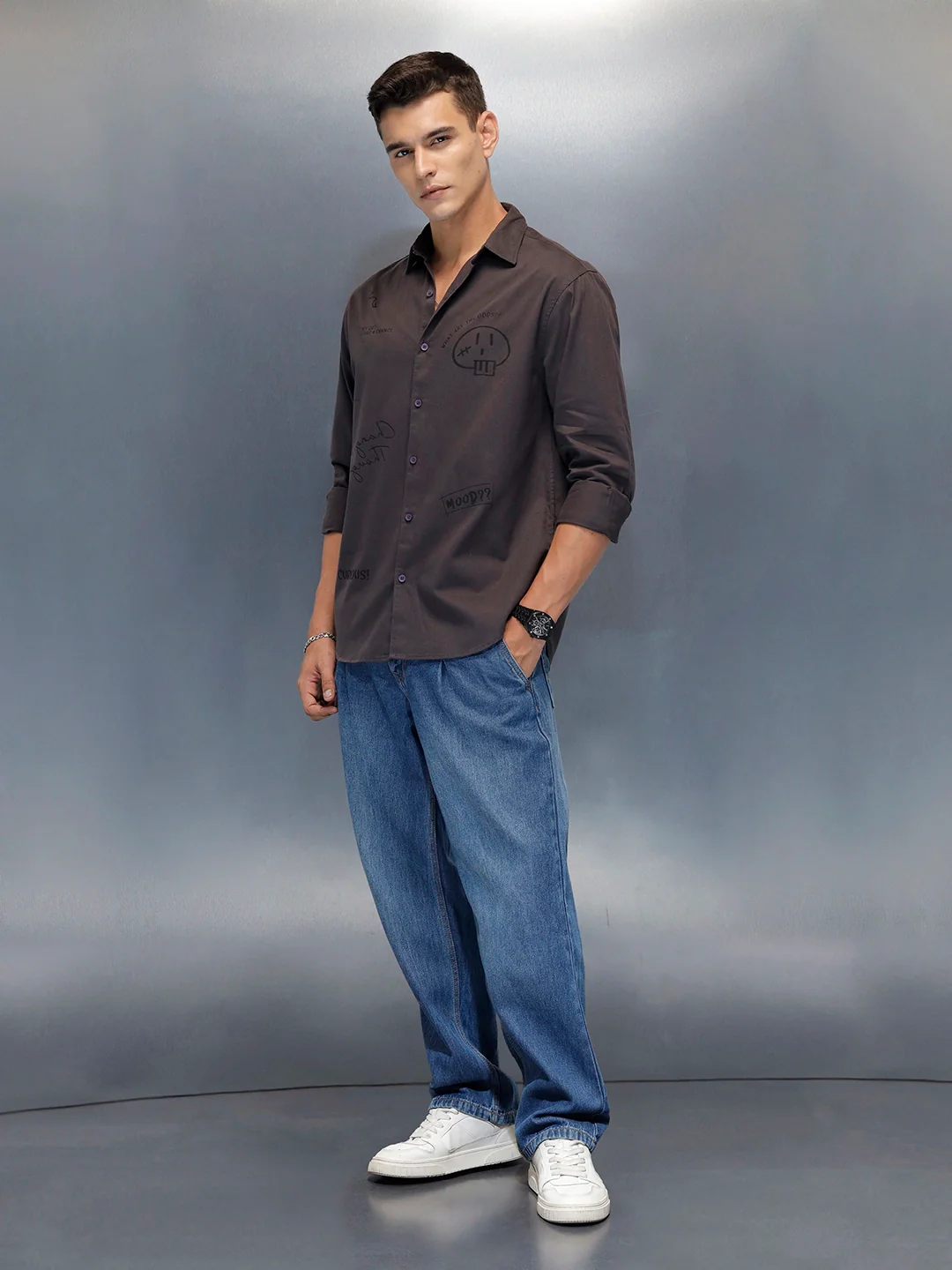 Men's Casual Regualr Fit Shirt With Placement Print | Dark Grey - Image 2